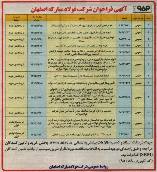 فراخوان , فراخوان انجام تعمیر گردن غلتکهای کاری ناحیه نورد گرم در کارگاه پیمانکار ....