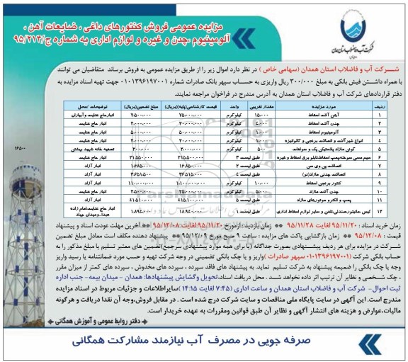 مزایده عمومی , مزایده فروش کنتورهای داغی ، ضایعات آهن ، آلومینیوم ، چدن و غیره و لوازم اداری 