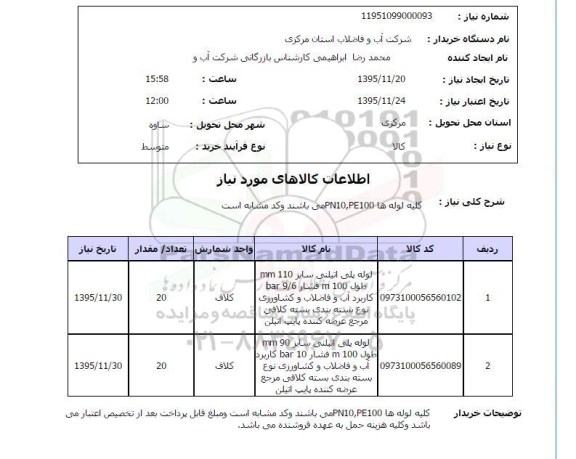 استعلام کلیه لوله ها PN10 , PE100
