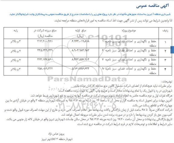 مناقصه عمومی,مناقصه حفظ و نگهداری و احداث فضای سبز