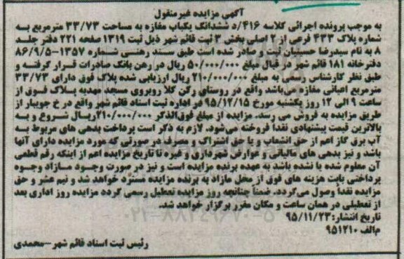 مزایده,مزایده ششدانگ یکباب مغازه مساحت 33.73مترمربع