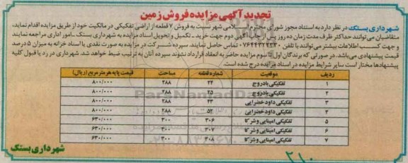 مزایده,مزایده فروش 7 قطعه از اراضی تفکیکی تجدید