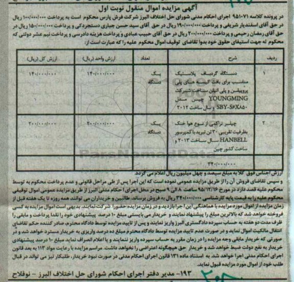 آگهی مزایده اموال منقول, مزایده دستگاه گردباف پلاستیک مناسب برای بافت کیسه های پلی پروپیلن و پلی اتیلن