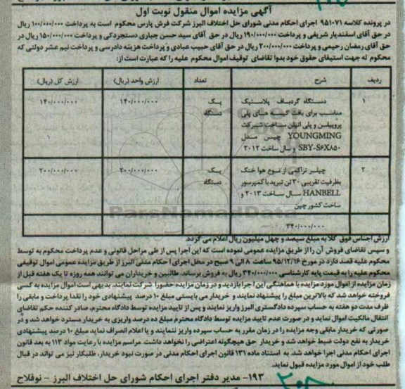 آگهی مزایده اموال منقول, مزایده دستگاه گردباف پلاستیک مناسب برای بافت کیسه های پلی پروپیلن و پلی اتیلن 