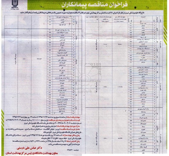 فراخوان مناقصه , فراخوان مناقصه اجرای 91 باب ساختمان مراکز بهداشتی