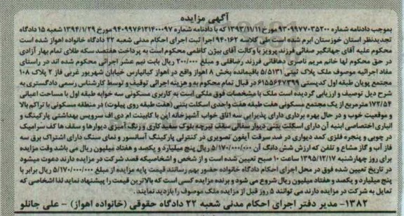 مزایده,مزایده پلاک ثبتی 5/5131 واقع کیانپارس کلاسه 940162
