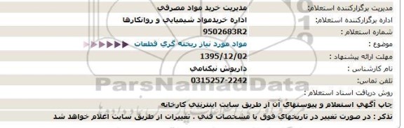 استعلام مواد مورد نیاز ریخته گری قطعات  