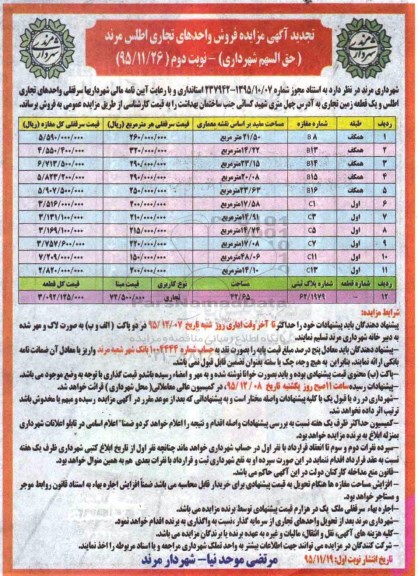 مزایده,مزایده فروش سرقفلی واحدهای تجاری اطلس و یک قطعه زمین نوبت دوم 