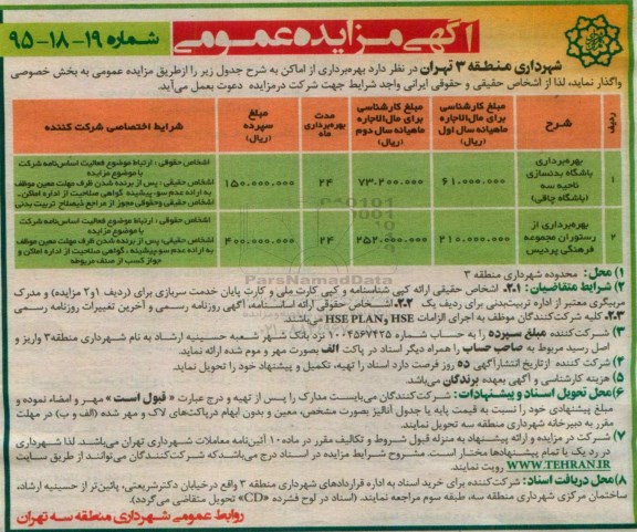 آگهی مزایده عمومی, مزایده بهره برداری باشگاه بدنسازی