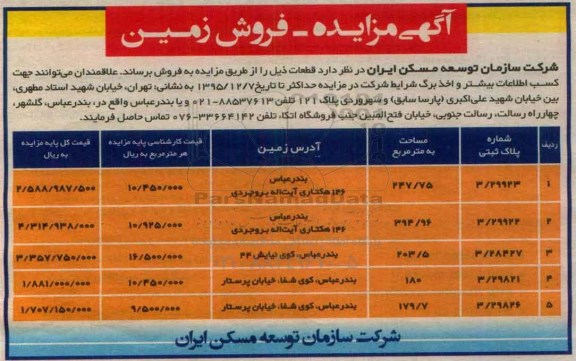 مزایده,مزایده فروش قطعات 247.75-394.96-203.5-180-179.7متر