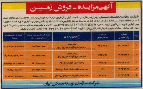 مزایده,مزایده فروش قطعات 247.75-394.96-203.5-180-179.7متر 