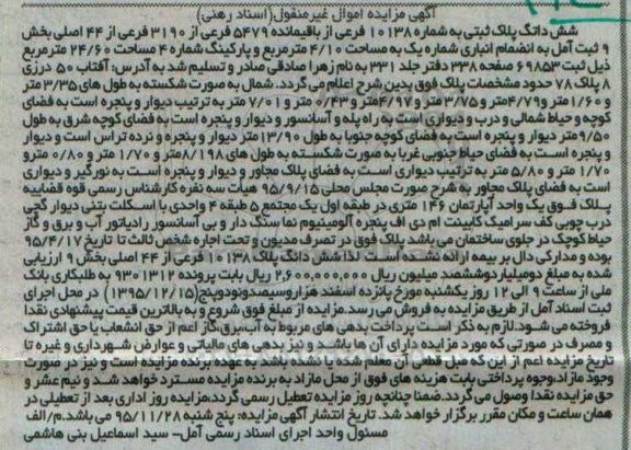 مزایده,مزایده ششدانگ پلاک ثبتی به شماره 10138 فرعی