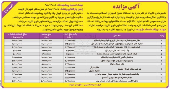 آگهی مزایده , مزایده واگذاری مغازه ها و ... نوبت اول