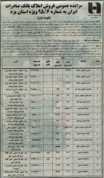 مزایده,مزایده فروش املاک بانک صادرات ایران استان یزد 