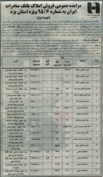 مزایده,مزایده فروش املاک بانک صادرات ایران استان یزد