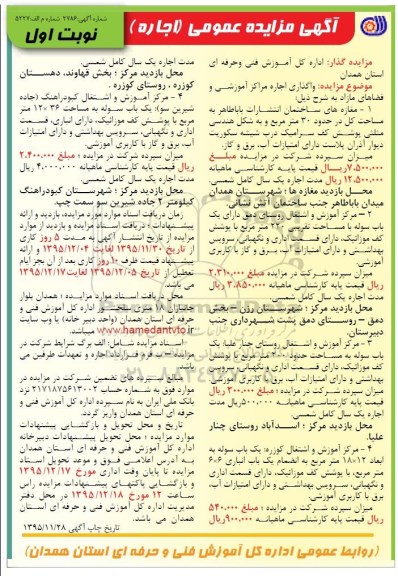 آگهی مزایده عمومی, مزایده واگذاری اجاره مراکز و فضاهای آموزشی فضاهای مازاد