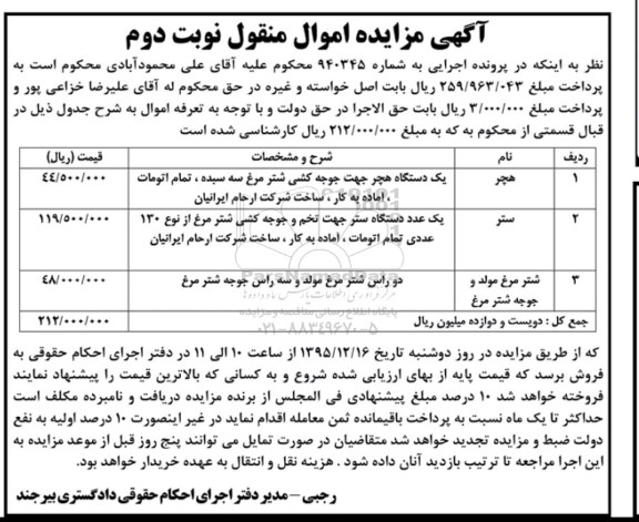 آگهی مزایده اموال منقول , مزایده فروش یکدستگاه هچر جهت جوجه کشی شتر مرغ سه سبده ... نوبت دوم