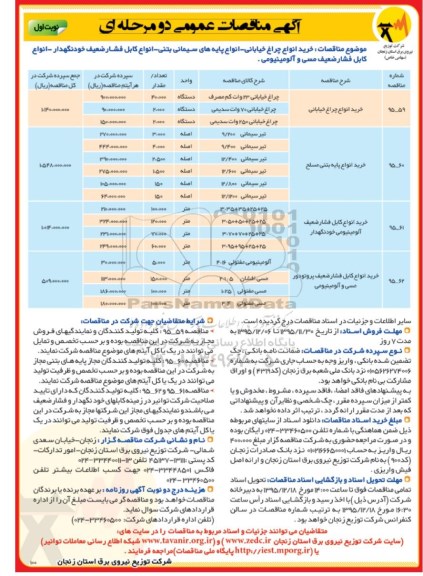 آگهی مناقصات عمومی دو مرحله ای , مناقصه خرید انواع چراغ خیابانی - انواع پایه های سیمانی بتنی - انواع کابل فشار ضعیف خودنگهدار... 