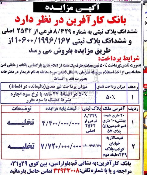 مزایده,مزایده پلاک ثبتی 8.329 و 10600.1996.167