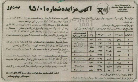 اگهی مزایده عمومی, مزایده فروش انواع خودروهای سبک