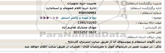 استعلام ،استعلام پیچ و مهره و واشر استیل 95.12.02