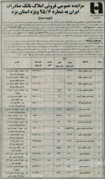 مزایده,مزایده فروش املاک بانک صادرات ایران استان یزد نوبت دوم