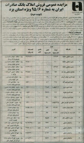 مزایده,مزایده فروش املاک بانک صادرات ایران استان یزد نوبت دوم 