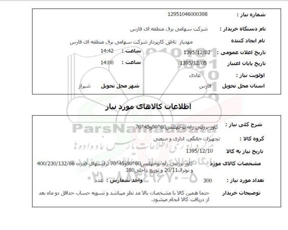 استعلام , استعلام کاور برزنتی رله بوخهلتس 90*60 و 70*45