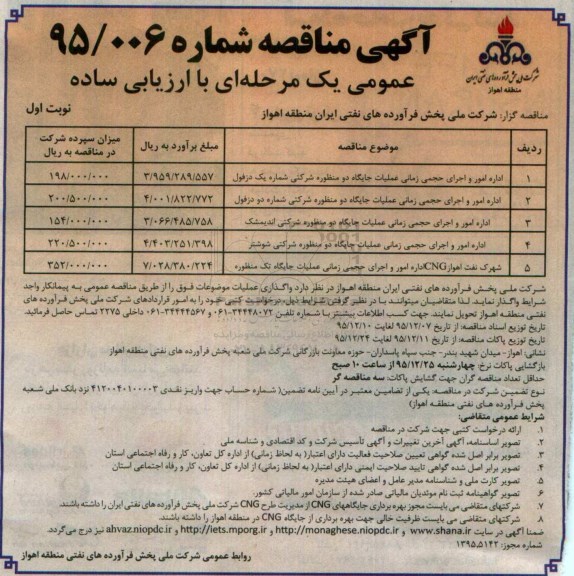 مناقصه,مناقصه اداره امور و اجرای حجمی زمانی عملیات جایگاه دو منظوره شرکتی نوبت اول