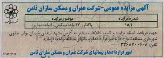 آگهی مزایده عمومی,مزایده واگذاری 17 واحد مسکونی و 4 واحد تجاری
