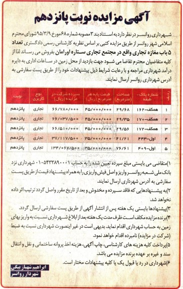 مزایده,مزایده تعداد 5 باب مغازه تجاری نوبت پانزدهم