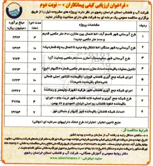 فراخوان , فراخوان ارزیابی کیفی پیمانکاران طرح آبرسانی شهر قاسم آباد ...- نوبت دوم