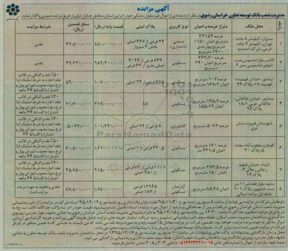 مزایده,مزایده واگذاری تعدادی از اموال غیرمنقول تملیکی
