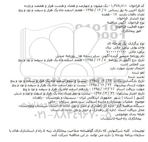 مناقصه عملیات بهسازی و ماسه آسفالت سرد محور سراوان - جالق