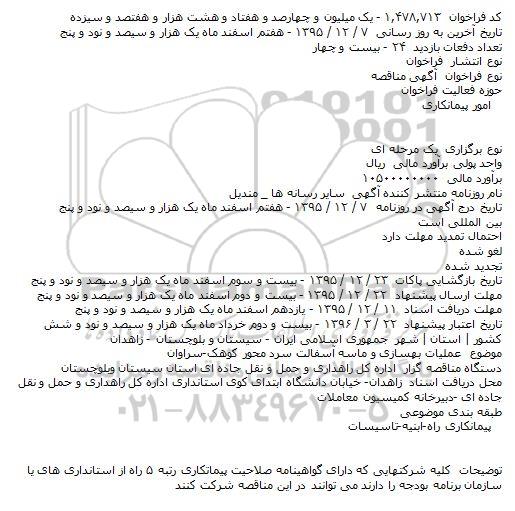 مناقصه ، مناقصه عملیات بهسازی و ماسه آسفالت سرد محور کوهک - سراوان