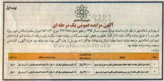 آگهی مزایده عمومی یک مرحله ای , مزایده اجاره متراژ باقیمانده از طبقه همکف مجتمع تجاری....