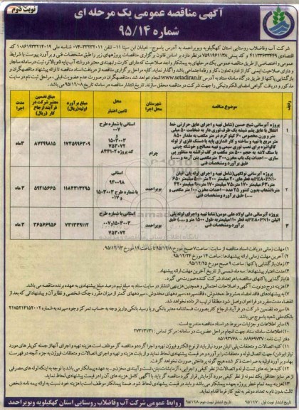 آگهی مناقصه عمومی یک مرحله ای,مناقصه پروژه آبرسانی - نوبت دوم 