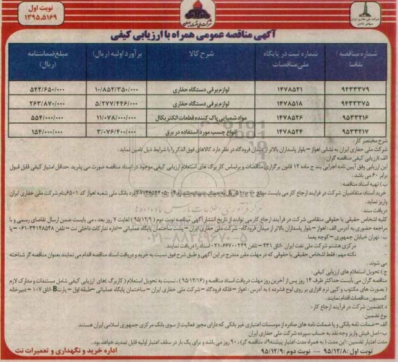 آگهی مناقصه , مناقصه لوازم برقی دستگاه حفاری