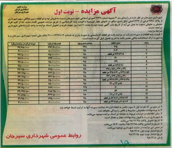 مزایده,ممزایده فروش نود و دو قطعه زمین اوقافی سهم شهرداری