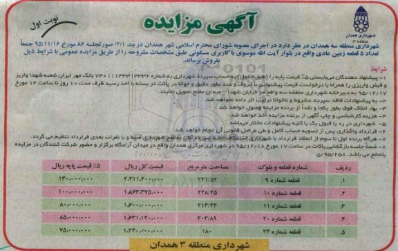 مزایده,مزایده فروش تعداد 5 قطعه زمین عادی