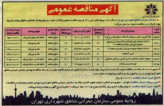 آگهی مناقصه عمومی , مناقصه لکه گیری ، تراش و روکش آسفالت سطح نواحی 2 و 3....