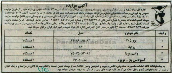 مزایده ،مزایده فروش عداد سیزده 13 دستگاه خودروی مازاد