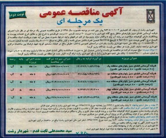 آگهی مناقصه عمومی یک مرحله ای,مناقصه شبکه آبرسانی فضای سبز نوبت دوم