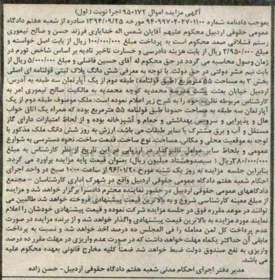 مزایده,مزایده ششدانگ پلاک ثبتی قولنامه ای 55 متر نوبت اول