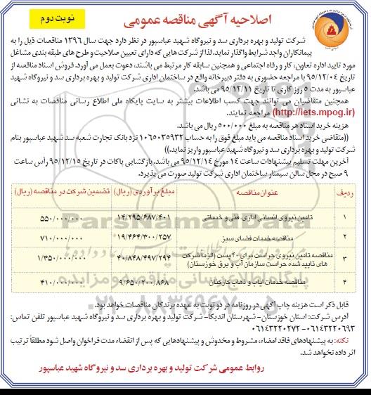 اصلاحیه آگهی مناقصه ، مناقصه تامین نیروی انسانی , اداری , فنی و خدماتی .... نوبت دوم