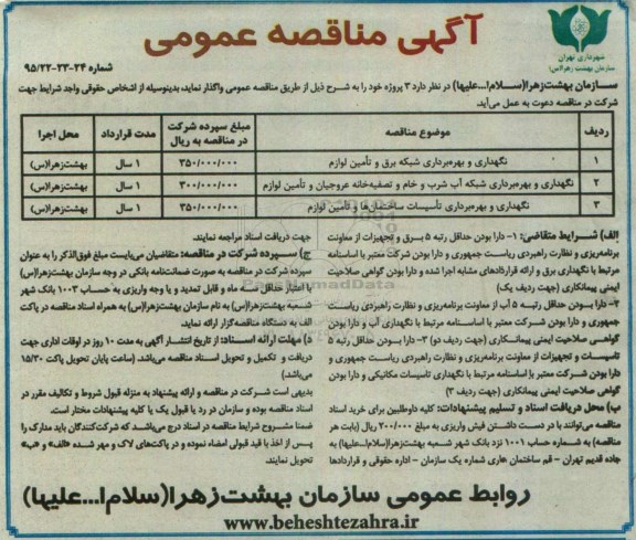 مناقصه نگهداری و بهره برداری شبکه برق و تامین لوازم ...