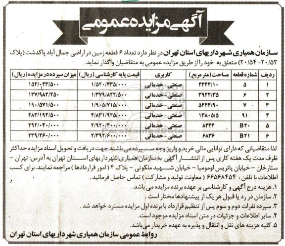 مزایده,مزایده واگذاری تعداد 6 قطعه زمین در اراضی جمال آباد پاکدشت