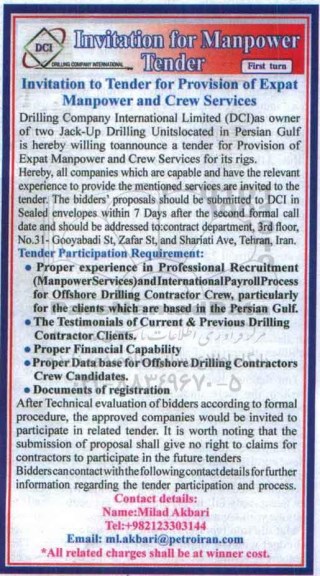 INVITATION TO TENDER FOR PROVISION OF EXPAT MANPOWER ADN CREW SERVICES