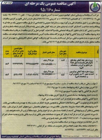 آگهی مناقصه عمومی, مناقصه پروژه حفر چاه آهکی چاه تلخ ... نوبت دوم
