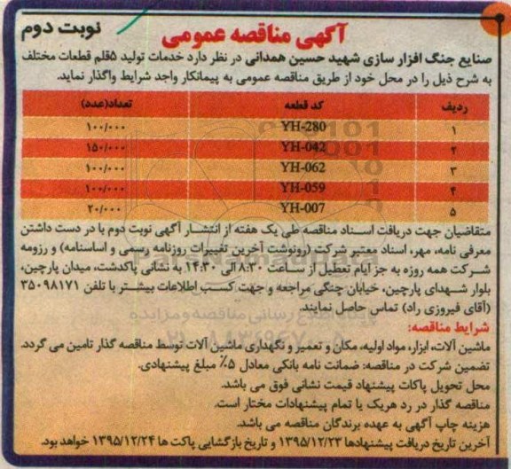 مناقصه ، مناقصه خدمات تولید 5 قلم قطعات مختلف نوبت دوم